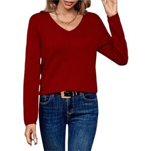 Berthmeer Women's Wool Blend V Neck Sweater Long Sleeve Pullover Red Large‎ NWT